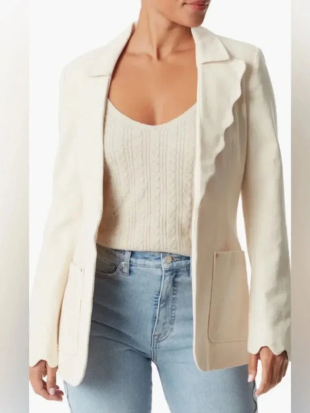 Sam Edelman 100% Cotton Canvas Zander Blazer Size Small Cream Scalloped Edges